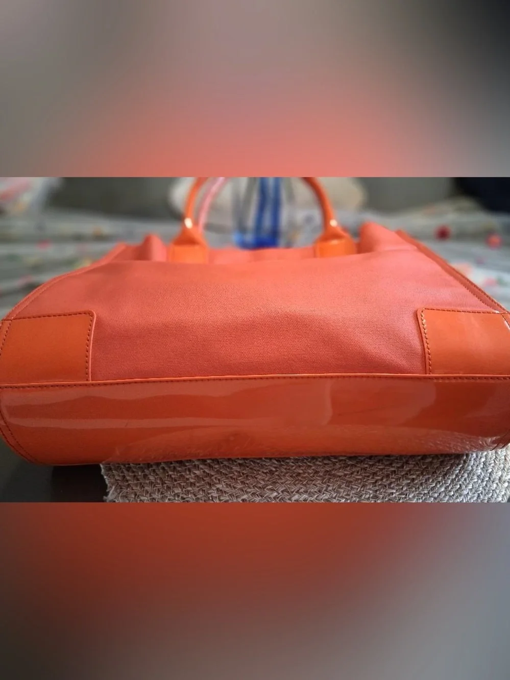 TORY BURCH ELLA CANVAS & PATENT TOTE PUMPKIN ORANGE
